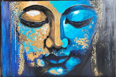 Abstract Blue & Gold Buddha Face Painting  36*24 inches