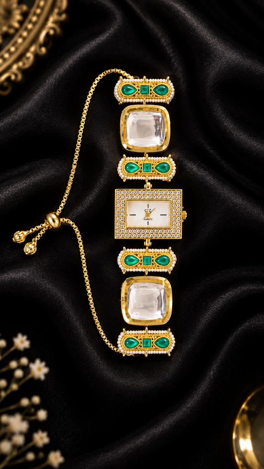 Gold Plated Kundan Square Dial watch