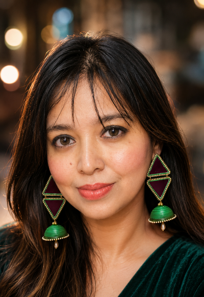 Green 3-layered Jhumka with Mirror and Pearl Latkan || Size: 10cm*4.5cm*4.5cm