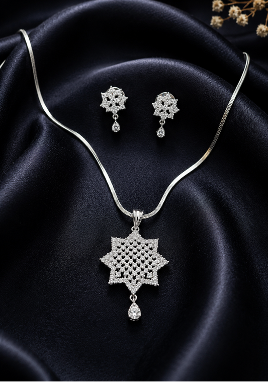 Rhodium Diagonal zircon Pendent with Silver Chain and Earrings set