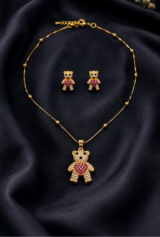 Anti-tarnish Teddy Zircon Pendent Set with Golden Chain