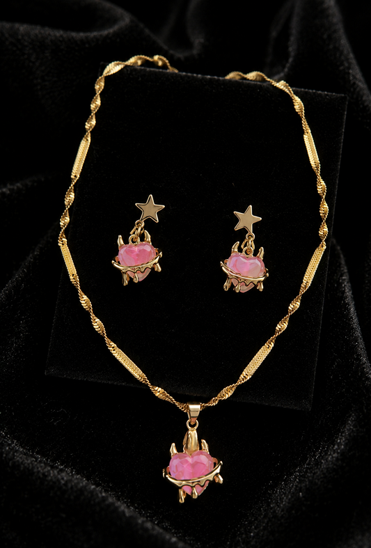 Pink Heart Pendent Set with Anti-tarnish Chain