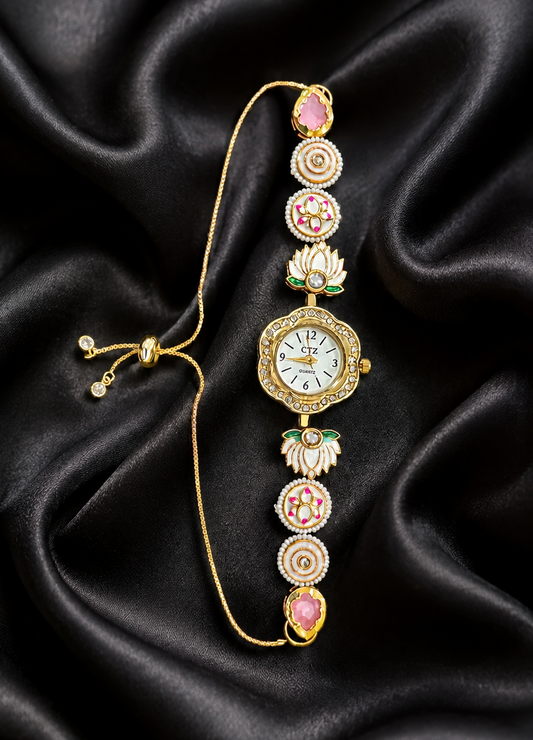 Lotus Kundan Flower Watch White Color (Medium Dial)