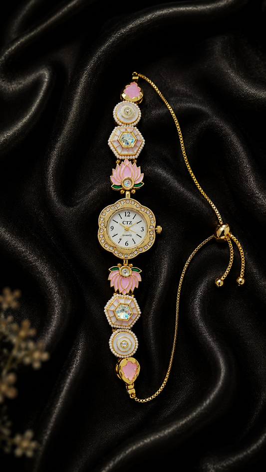 Lotus Kundan Flower Watch Pink Color (Medium Dial)