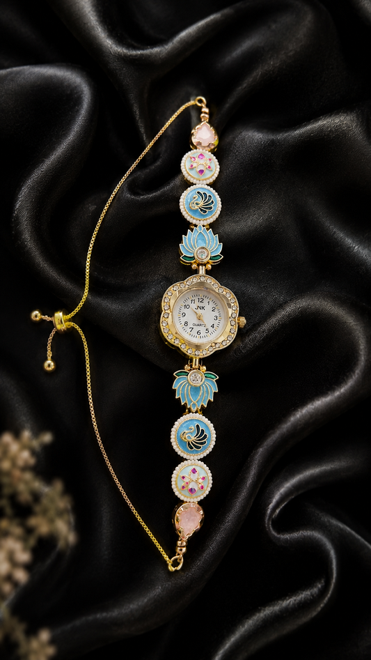 Lotus Kundan Flower Watch Blue Color (Medium Dial)