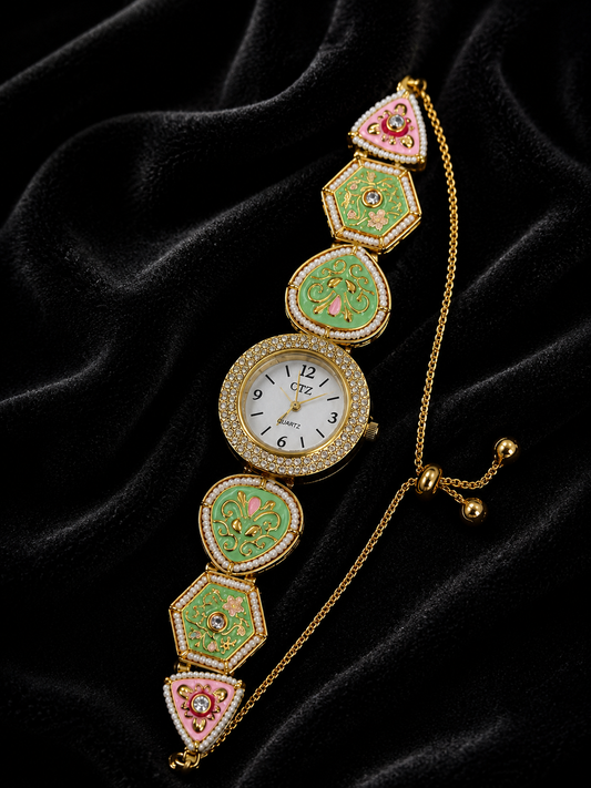 Heritage Pastel Green Kundan Watch Bracelet